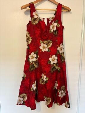 Vintage Pacific Legend Hawaii Red Floral Midi Sun Dress Sleeveless Travel Cotton